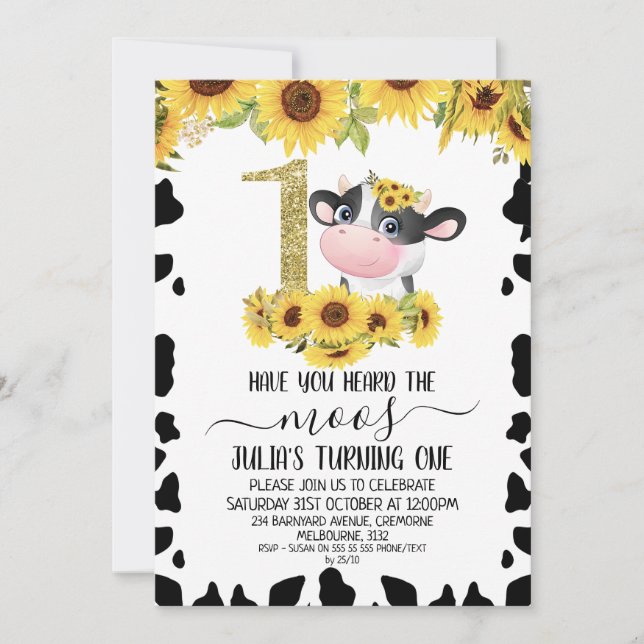 Invitación Sunflowers Cow Print Gold Purpurina Un primer cump (Anverso)