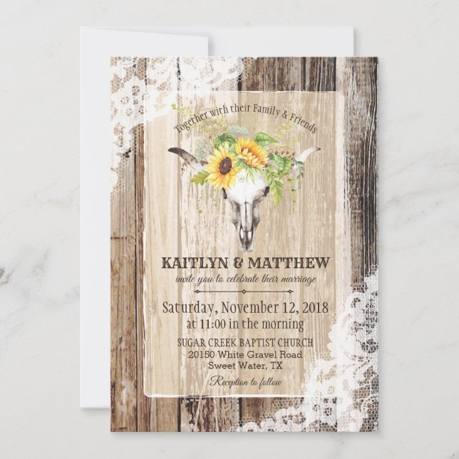 Invitación Sunflowers Cow Skull Barn Wood Rústico Boda (Anverso)