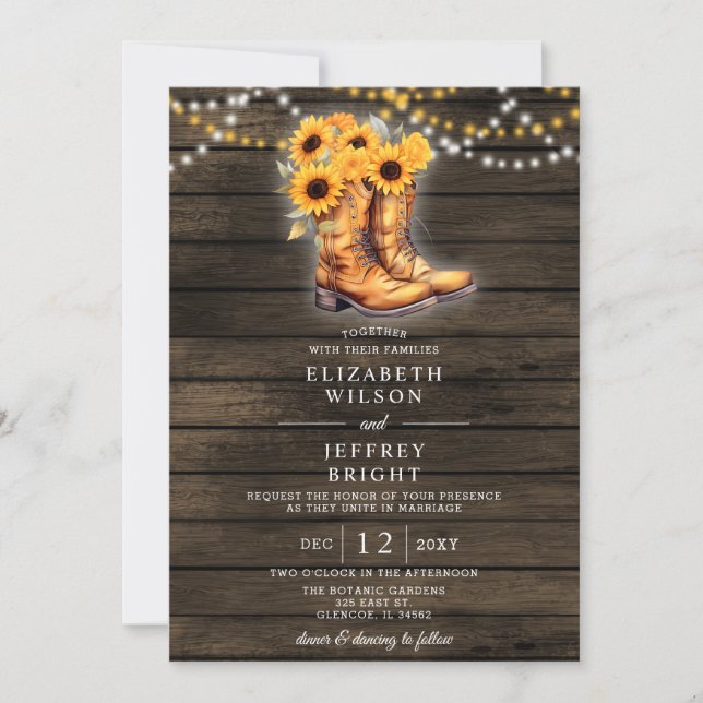 Invitación Sunflowers Cowboy Boots Barn Wood Boda Occidental (Anverso)