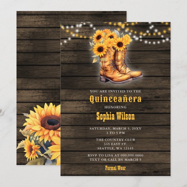 Invitación Sunflowers Cowboy Boots Barn Wood Quinceañera (Anverso / Reverso)