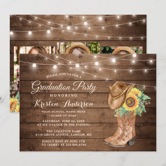 Invitación Sunflowers Cowgirl Boots 3 Fotos Graduación Party (Anverso / Reverso)