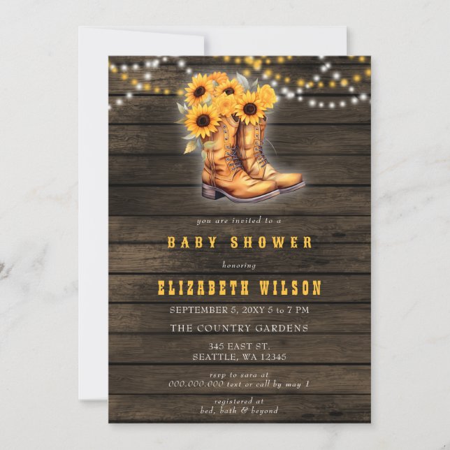 Invitación Sunflowers Cowgirl Boots Baby Shower Occidental (Anverso)