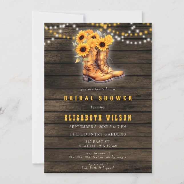 Invitación Sunflowers Cowgirl Boots Boots Western Brige Showe (Anverso)