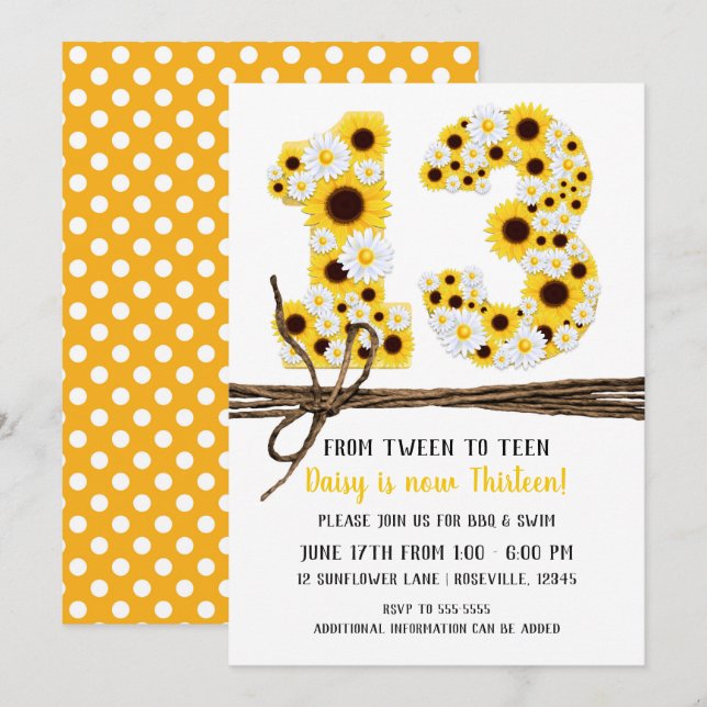 Invitación Sunflowers & Daisies TRECE 13 13A Cumpleaños (Anverso / Reverso)