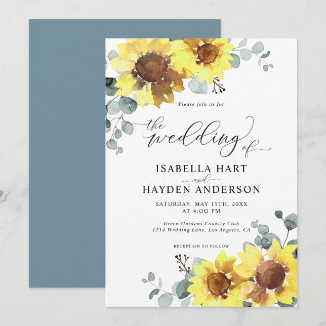 Invitación Sunflowers Dusty Blue Floral Eucalyptus Boda (Anverso / Reverso)