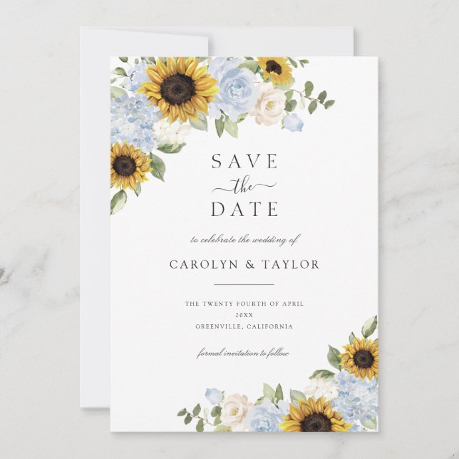 Invitación Sunflowers Dusty Blue Floral Rustic Save The Date (Anverso)
