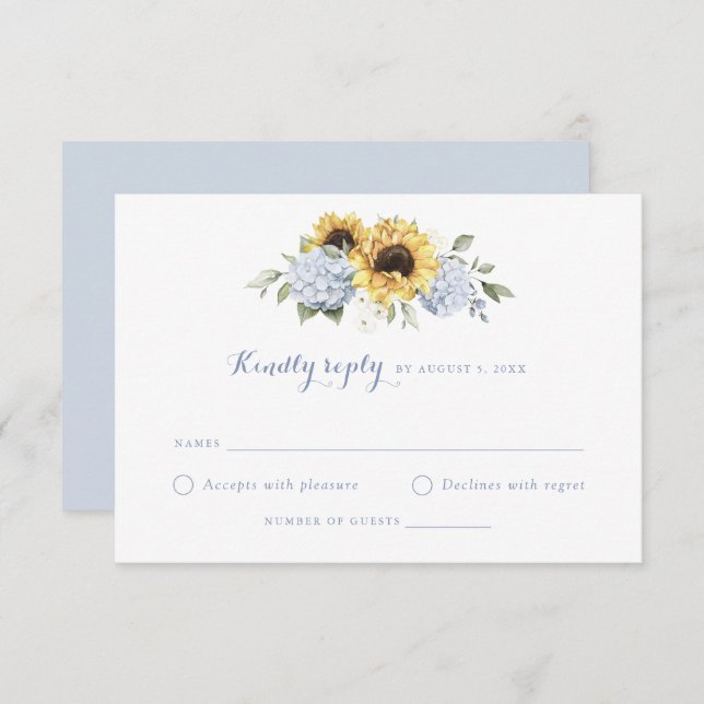 Invitación Sunflowers Dusty Blue Hydrangea Wedding RSVP (Anverso / Reverso)