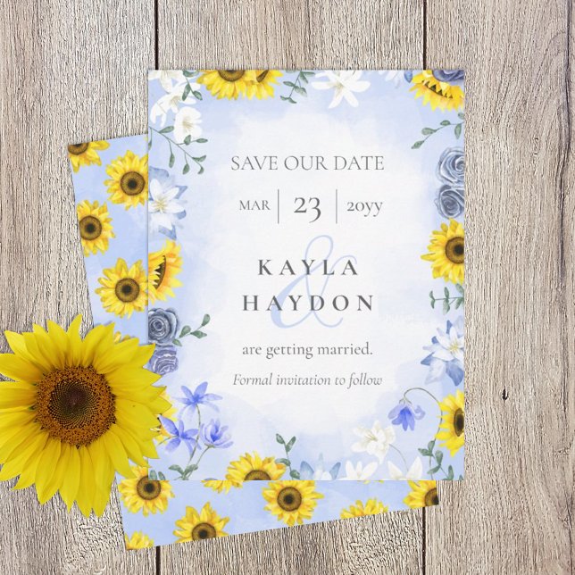 Invitación Sunflowers, Dusty Blue Rosas Wedding Salven la fec (sunflowers and dusty blue rose wedding save the date card, yellow gold light blue)