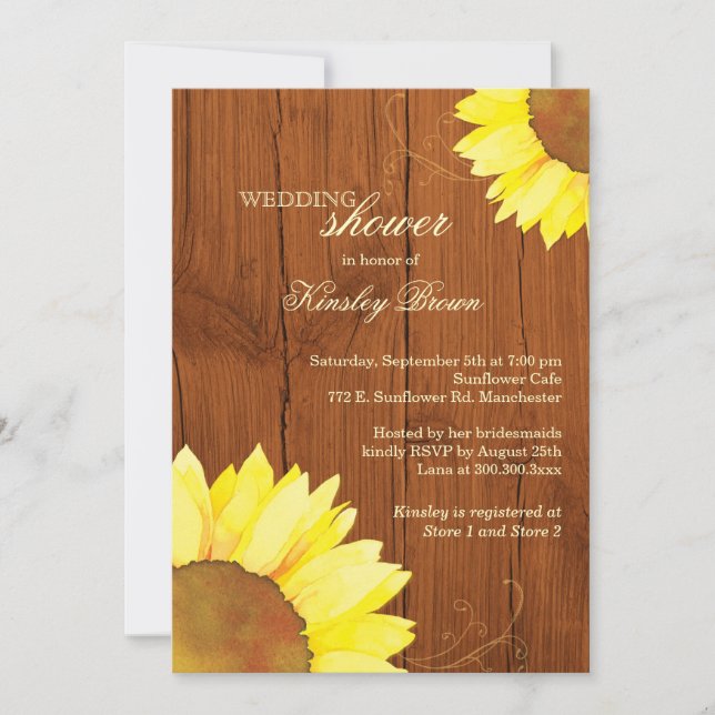 Invitación Sunflowers en Wood Rustic Bridal Shower (Anverso)