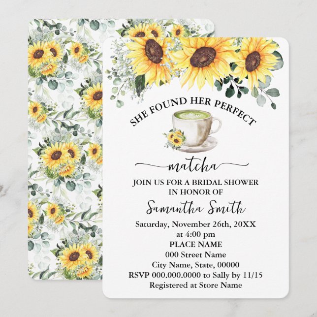 Invitación Sunflowers Encontró Su Ducha Matcha Bridal Perfect (Anverso / Reverso)