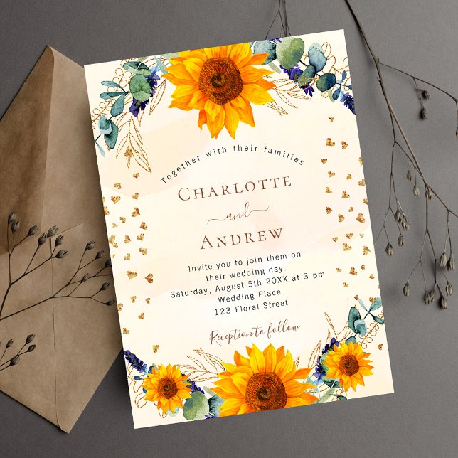 Invitación Sunflowers eucalipto gold corazones boda de lujo (Subido por el creador)
