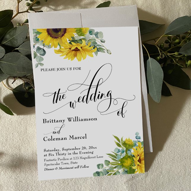 Invitación Sunflowers Eucalyptus Calligraphy, Boda de (Subido por el creador)