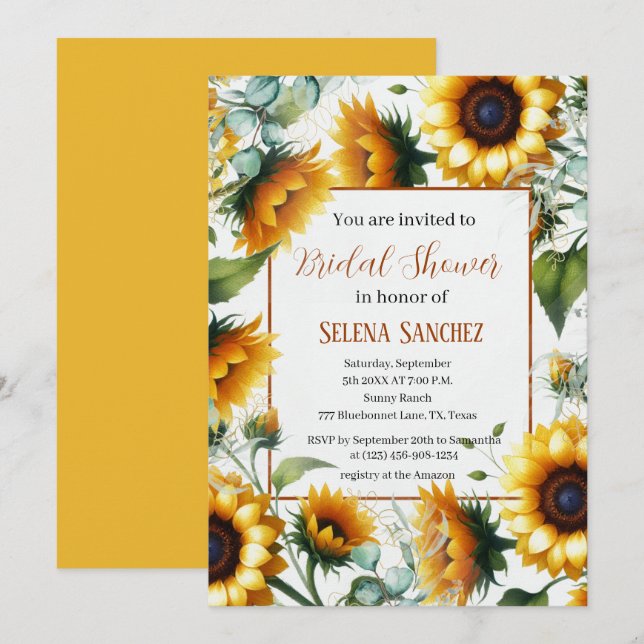 Invitación Sunflowers Eucalyptus Floral Bridal Bridal Shower (Anverso / Reverso)