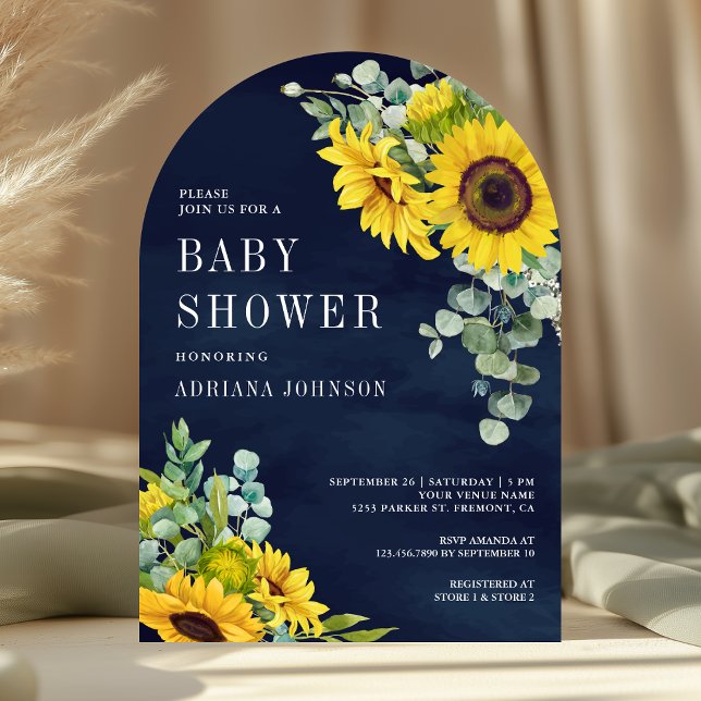 Invitación Sunflowers Eucalyptus Navy Blue Arch Baby Shower (Subido por el creador)