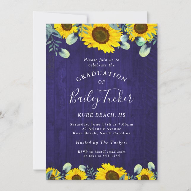 Invitación Sunflowers Eucalyptus Navy Blue Rustic Graduation (Anverso)