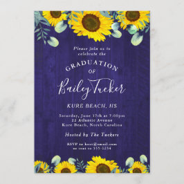 Invitación Sunflowers Eucalyptus Navy Blue Rustic Graduation