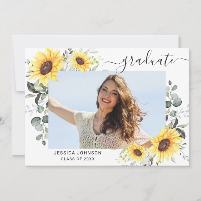 Invitación Sunflowers Eucalyptus PHOTO Graduation Party (Anverso)