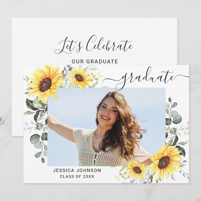 Invitación Sunflowers Eucalyptus PHOTO Graduation Party (Anverso / Reverso)