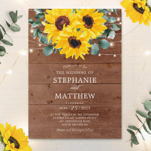 Invitación Sunflowers Eucalyptus String Lights Lights Wood Bo