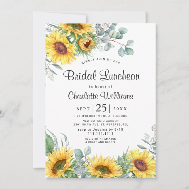 Invitación Sunflowers Eucalyptus Watercolor Bridal Luncheon (Anverso)