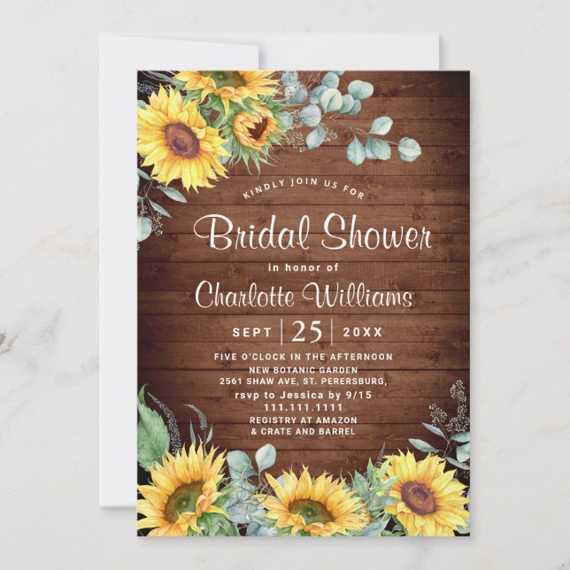 Invitación Sunflowers Eucalyptus Watercolor Bridal Shower (Anverso)