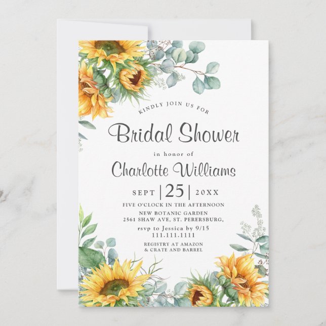 Invitación Sunflowers Eucalyptus Watercolor Bridal Shower (Anverso)