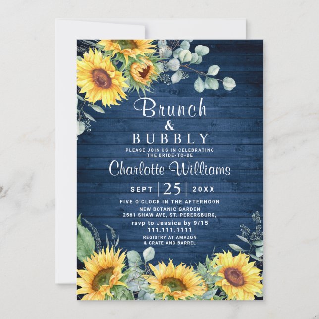 Invitación Sunflowers Eucalyptus Watercolor Brunch & Bubbly (Anverso)