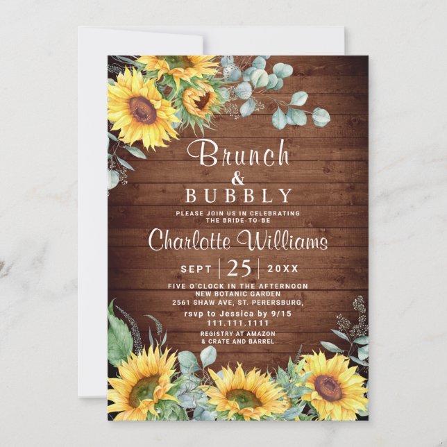 Invitación Sunflowers Eucalyptus Watercolor Brunch & Bubbly (Anverso)