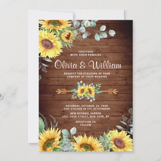 Invitación Sunflowers Eucalyptus Watercolor Rustic Boda (Anverso)