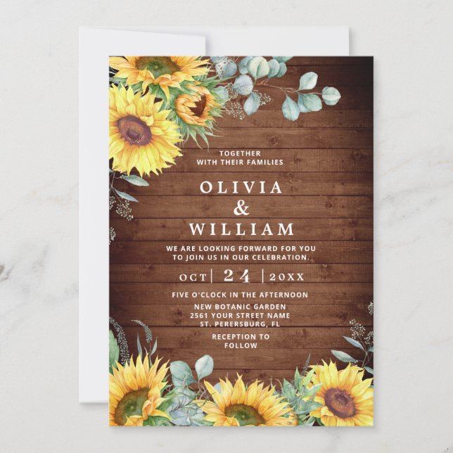 Invitación Sunflowers Eucalyptus Watercolor Rustic Boda (Anverso)