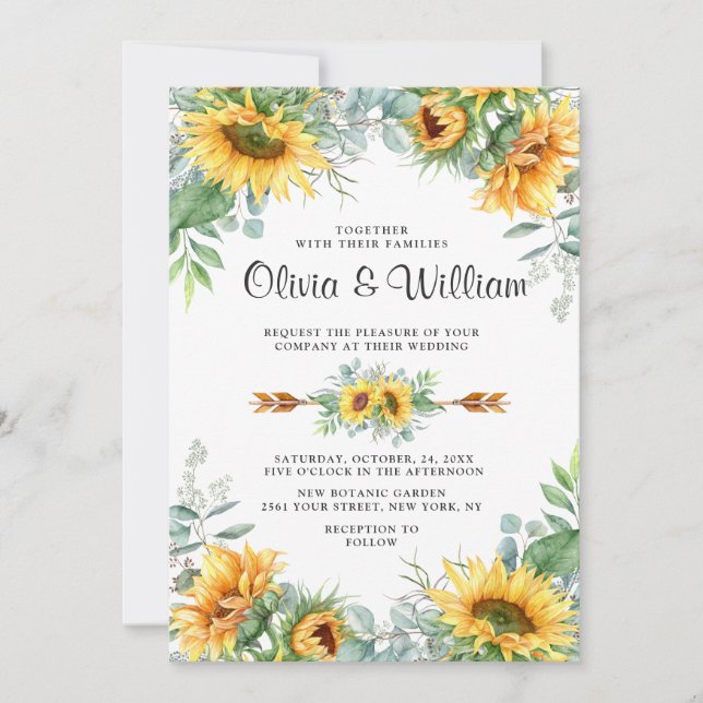 Invitación Sunflowers Eucalyptus Watercolor Rustic Boda (Anverso)