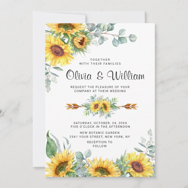 Invitación Sunflowers Eucalyptus Watercolor Rustic Boda (Anverso)