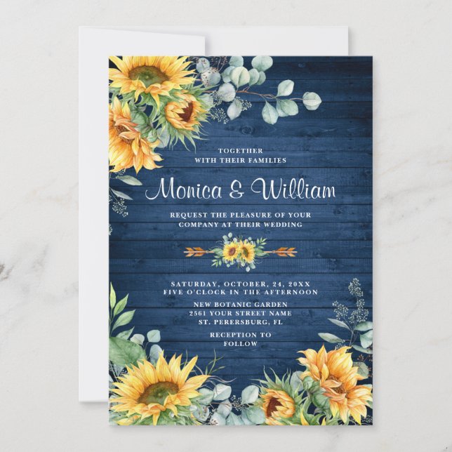 Invitación Sunflowers Eucalyptus Watercolor Rustic Boda (Anverso)