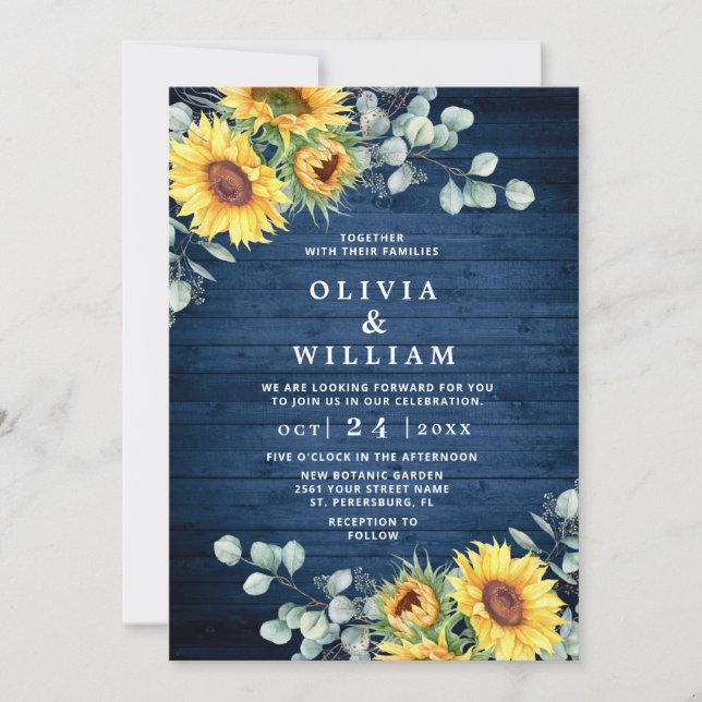 Invitación Sunflowers Eucalyptus Watercolor Rustic Boda (Anverso)