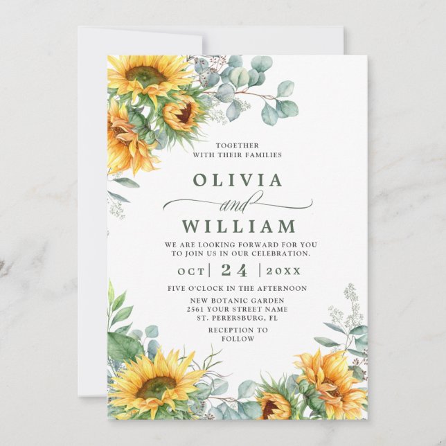 Invitación Sunflowers Eucalyptus Watercolor Rustic Boda (Anverso)