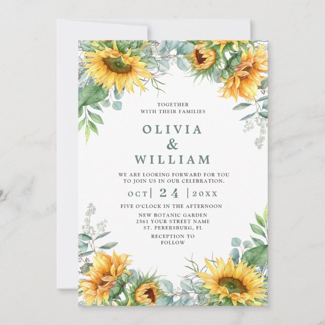 Invitación Sunflowers Eucalyptus Watercolor Rustic Boda (Anverso)