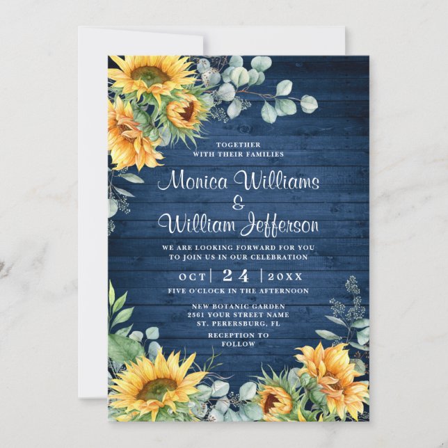 Invitación Sunflowers Eucalyptus Watercolor Rustic Boda (Anverso)