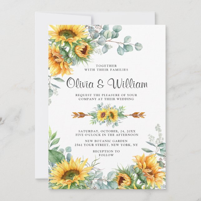 Invitación Sunflowers Eucalyptus Watercolor Rustic Boda (Anverso)