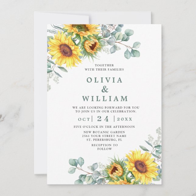 Invitación Sunflowers Eucalyptus Watercolor Rustic Boda (Anverso)