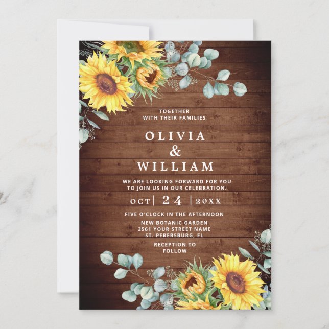 Invitación Sunflowers Eucalyptus Watercolor Rustic Boda (Anverso)