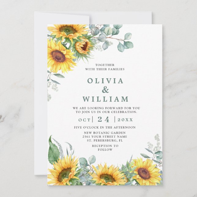 Invitación Sunflowers Eucalyptus Watercolor Rustic Boda (Anverso)