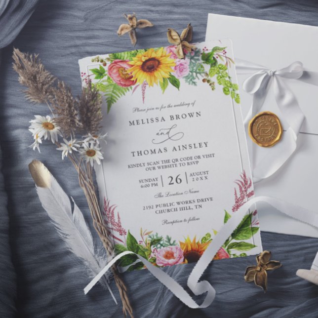Invitación Sunflowers Floral Pink Rustic Chic QR Code Wedding (Subido por el creador)