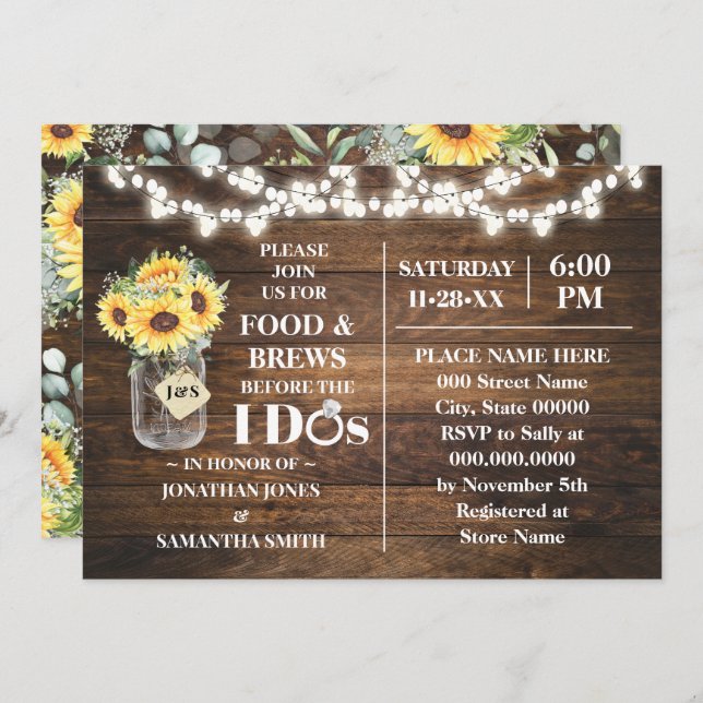 Invitación Sunflowers Food & Brews Before I do Couples Shower (Anverso / Reverso)