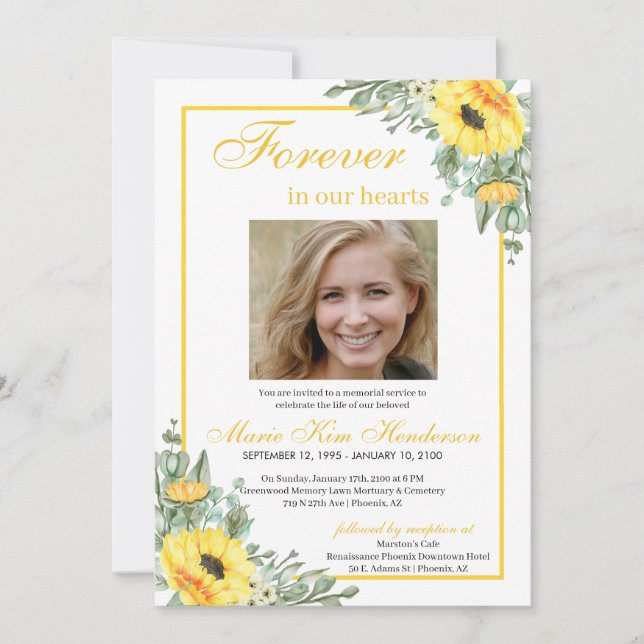 Invitación Sunflowers Forever in our Hearts Funeral Photo (Anverso)