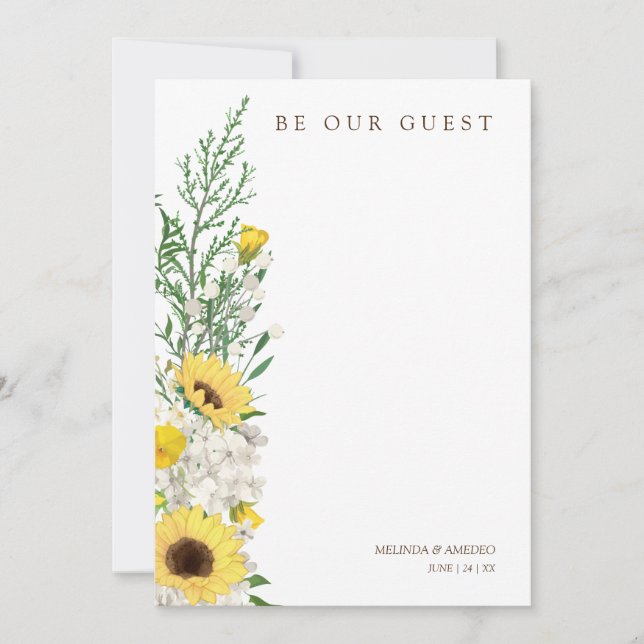 Invitación Sunflowers Garland Bouquet Be our Guest Quote  (Anverso)