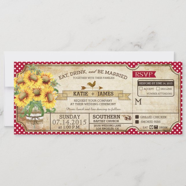 Invitación Sunflowers Gingham Check Country Picnic Boda (Anverso)