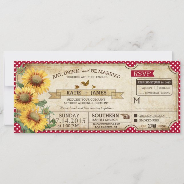 Invitación Sunflowers Gingham Check Country Picnic Boda (Anverso)