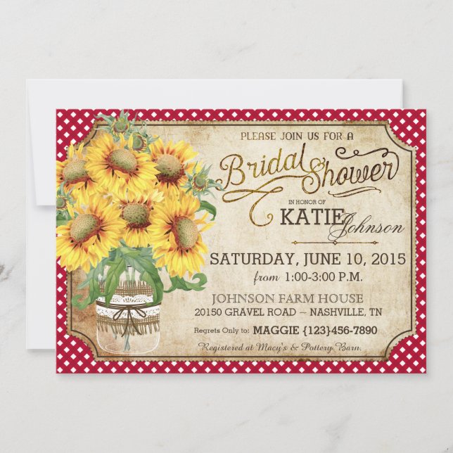 Invitación Sunflowers Gingham Country Picnic Bridal Shower (Anverso)