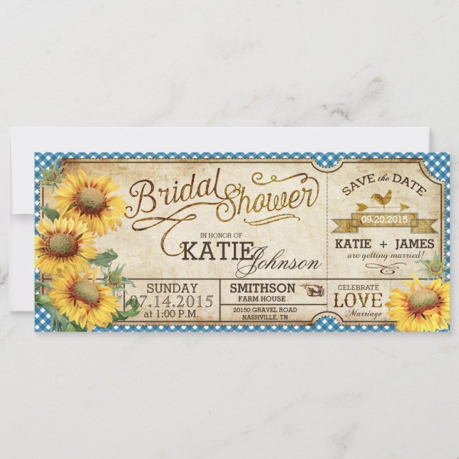Invitación Sunflowers Gingham Country Picnic Bridal Shower (Anverso)
