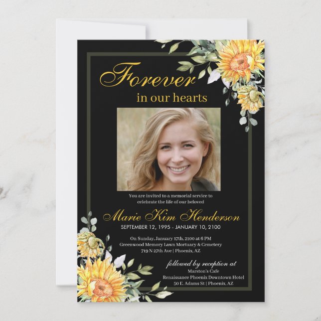 Invitación Sunflowers Greeneration Black White Memorial Funer (Anverso)